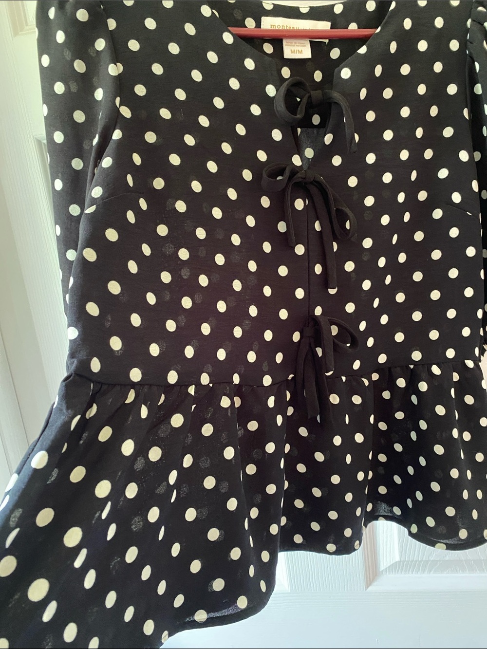 Monteau Los Angeles Black & White Polka Dot Peplum Blouse Medium - Picture 7 of 8